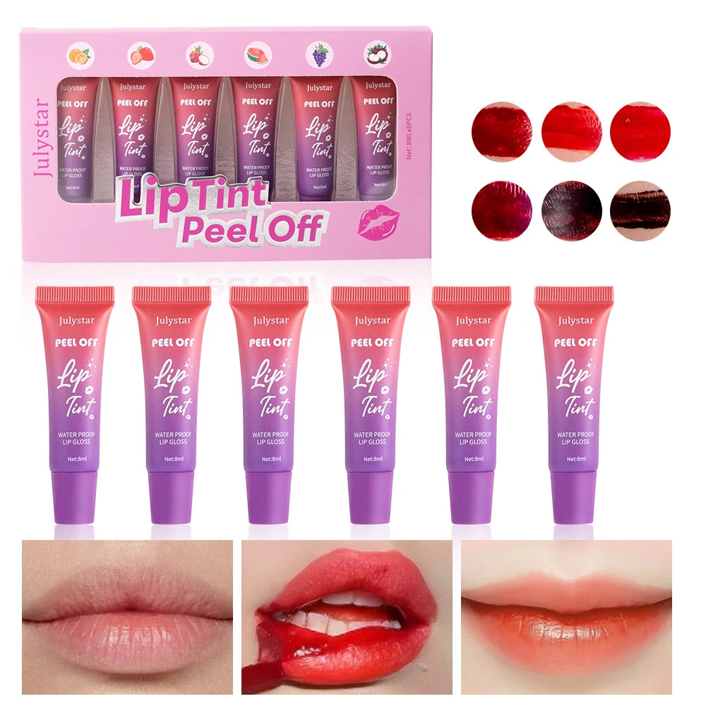 Julystar Stay Base Color Lip Tear-Off Lipstick Long Lasting Waterproof Matte Fruity Tear-Off Lip Glaze Set Peaceful Pleasures Health and Wellness Red 6Set