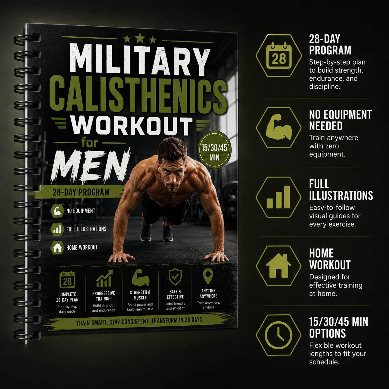 Military-style Calisthenics Workout A5 Spiral Guide Men 28-Day