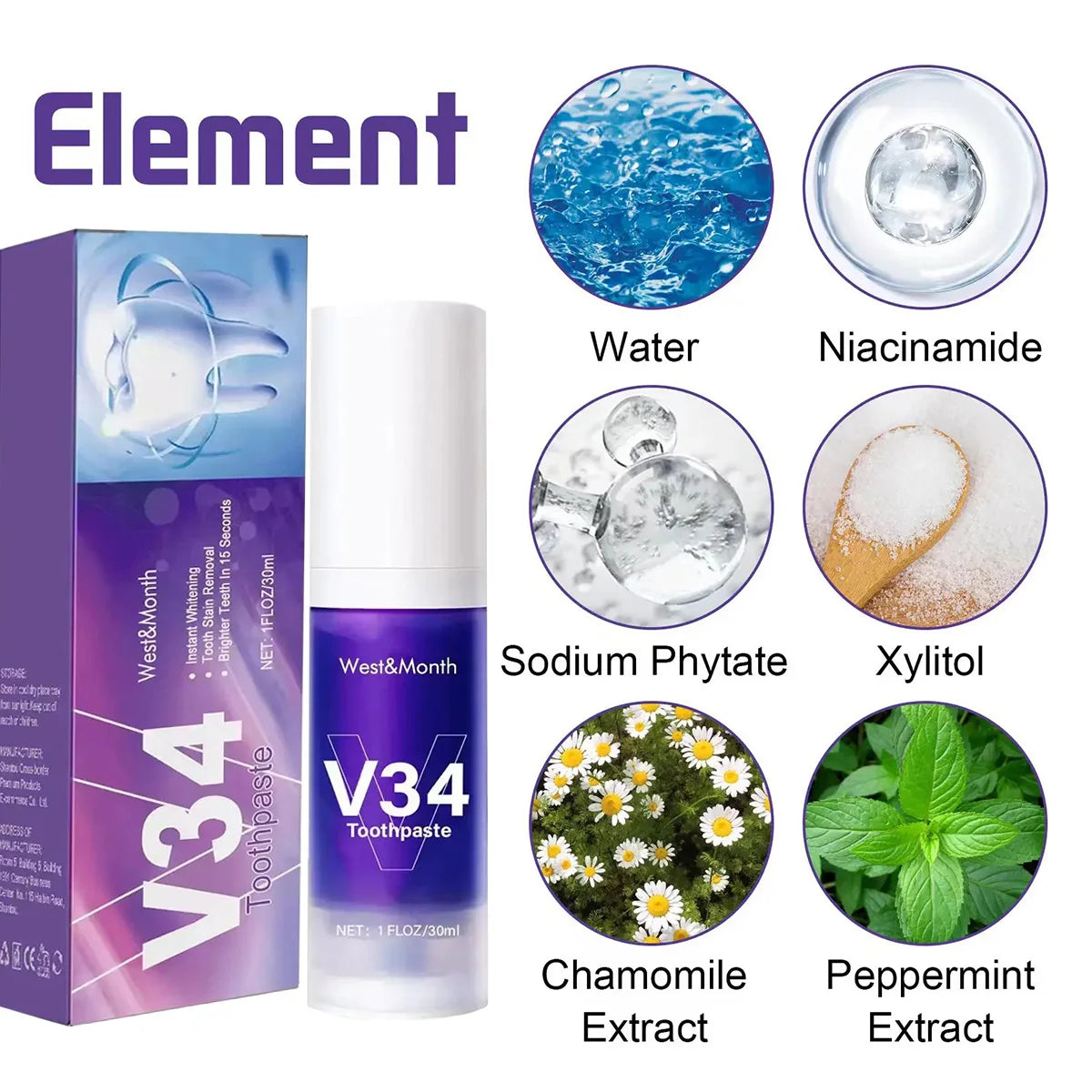 30ml V34 SmileKit Purple Toothpaste Clean Oral Hygiene Fresh Breath Removes Tartar Teeth Whitening Products Toothpaste Squeezer Peaceful Pleasures Health and Wellness