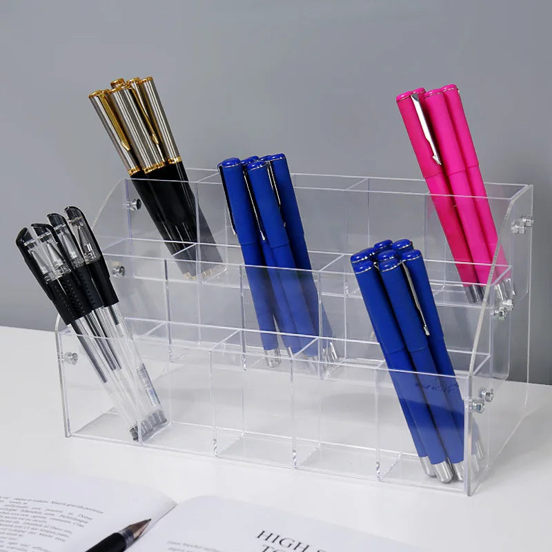 Acrylic Pen Display Stand Store Countertop Pencil Organizer for Ballpoint/Gel Pens Retail Stationery Showcase Multi-Slot Design Peaceful Pleasures Health and Wellness