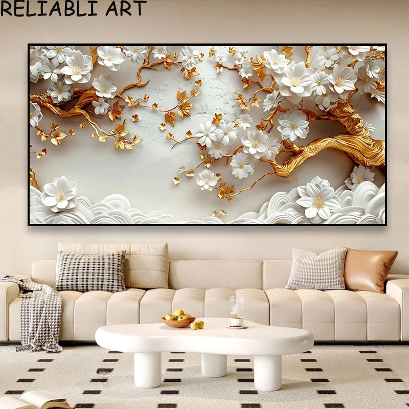 3D Golden White Flower Tree Poster and Prints Light Luxury Canvas Painting Wall Art Pictures for Living Room Home Decor No Frame Peaceful Pleasures Health and Wellness flower 24 7-25-5 50x100cm