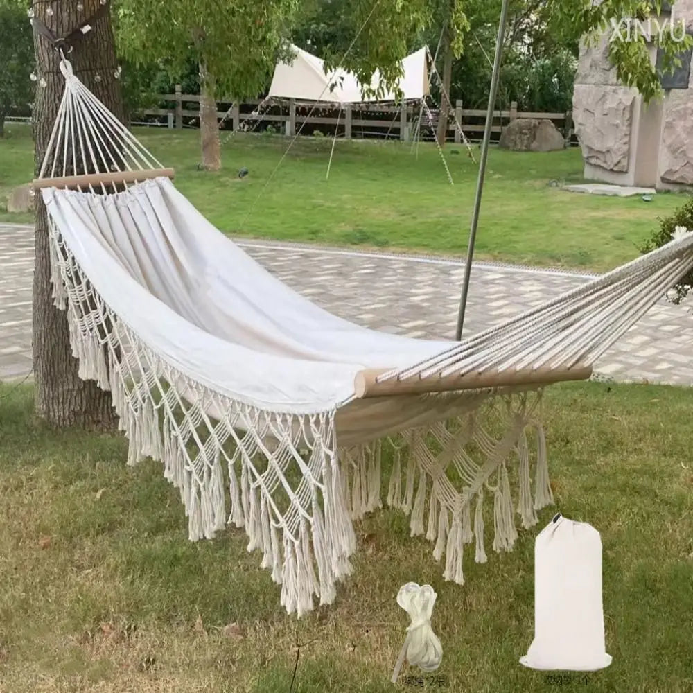 Boho Double Hammock – 2 Person Canvas Swing with Tassels