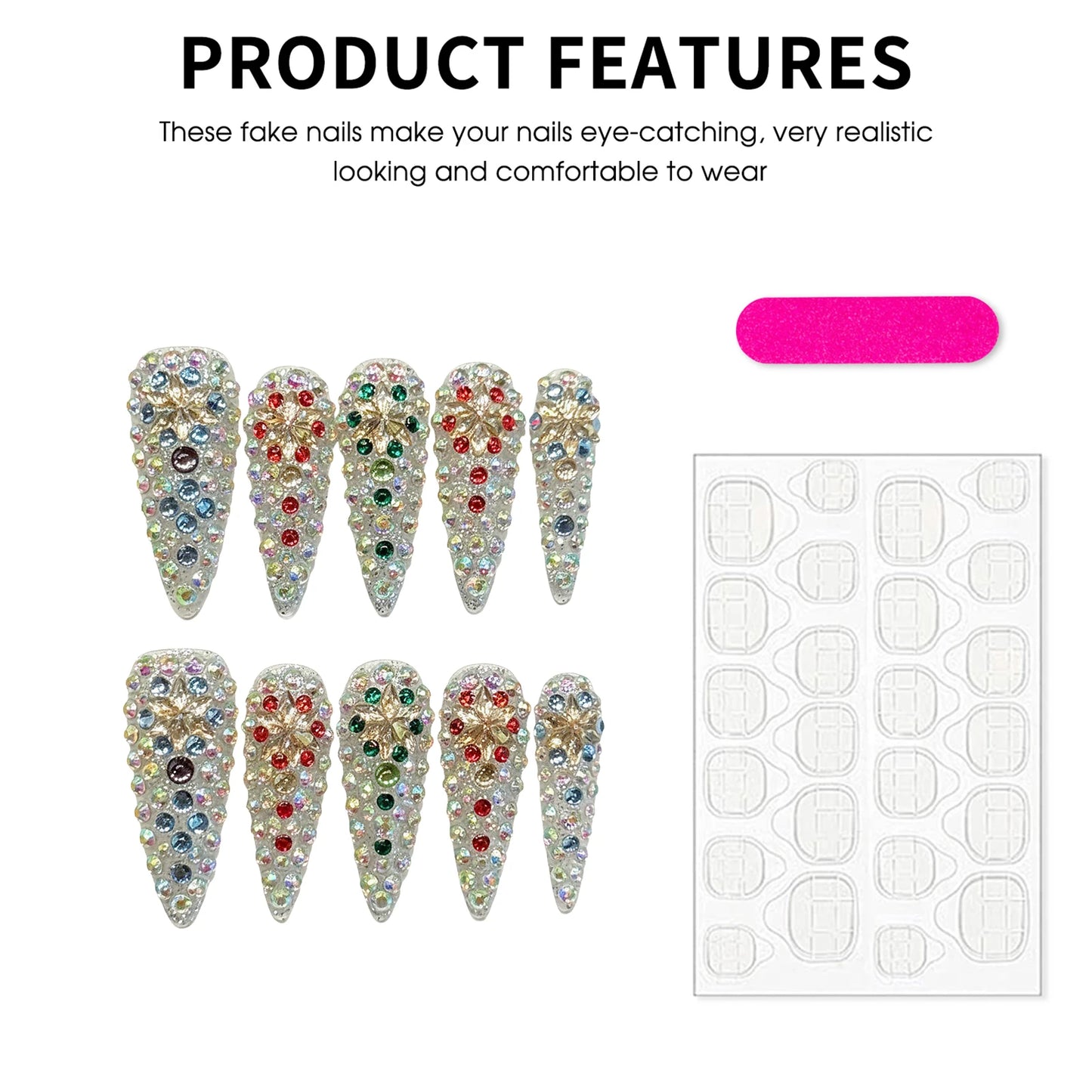 Rhinestone Press-On Nails | Long Stiletto Fake Nail Tips 10pc