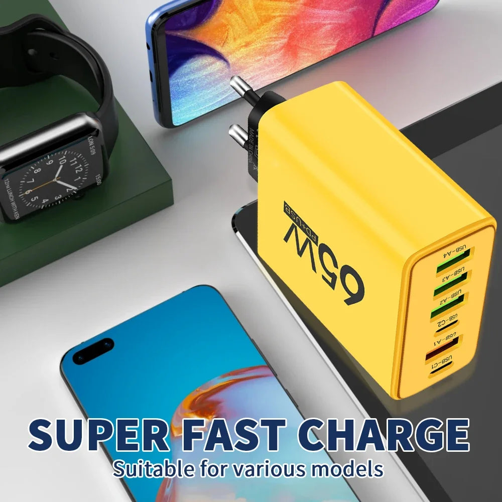 65W 6-Port USB-C Fast Charger | QC 3.0 & PD Multi-Device