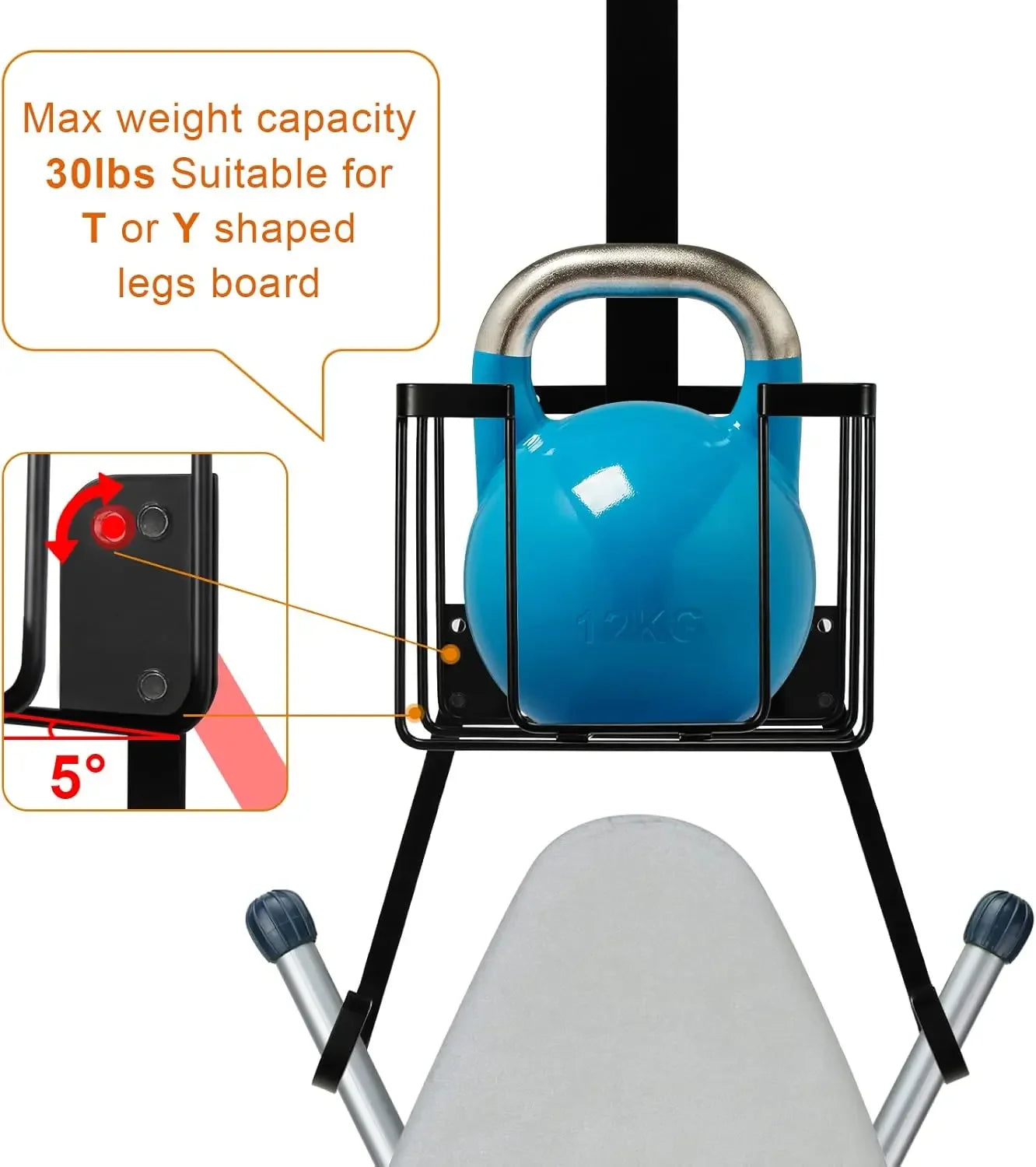 Over Door Wall Mount Ironing Board Hanger with Iron Caddy Storage Holder Black Peaceful Pleasures Health and Wellness