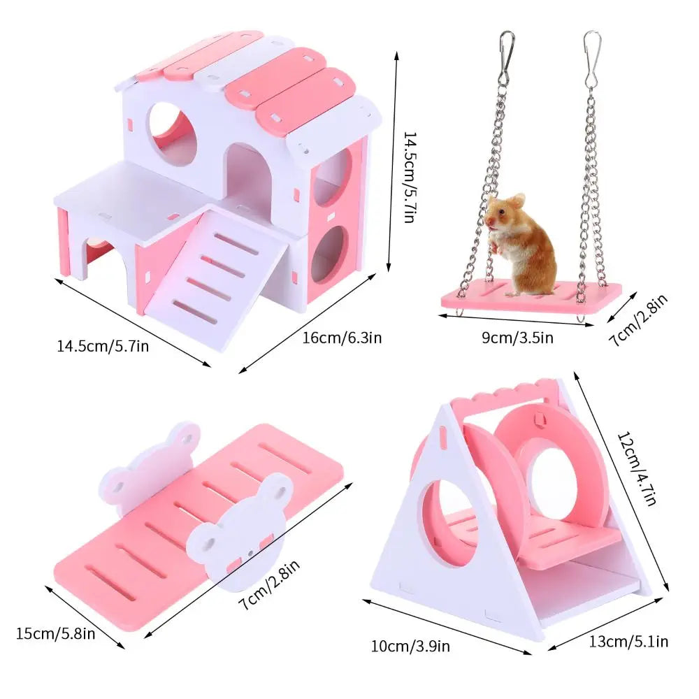 Wooden Hamster Toy Set – Seesaw, Swing & Playhouse