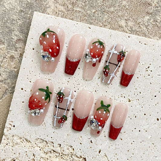 Handmade Press on Nails 3D Sweet Strawberry Crystal Design Fake Nails Shiny Red French Long Ballet Coffin False Nail Tips 10pcs Peaceful Pleasures Health and Wellness