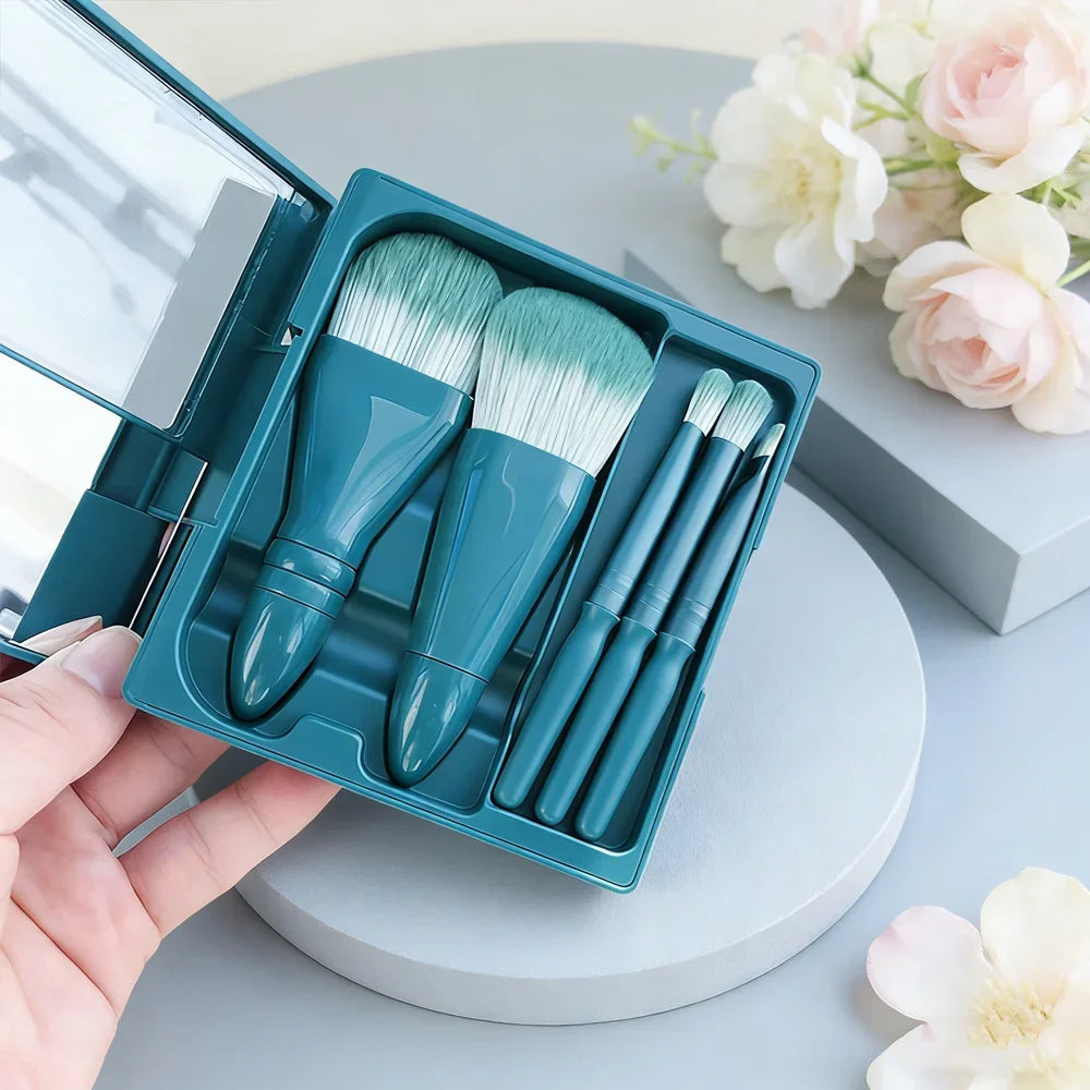 5Pcs Portable Makeup Brush Set With Mirror - Foldable Travel Kit ，Mini Makeup Brush Set Travel Makeup Brush Set Peaceful Pleasures Health and Wellness green