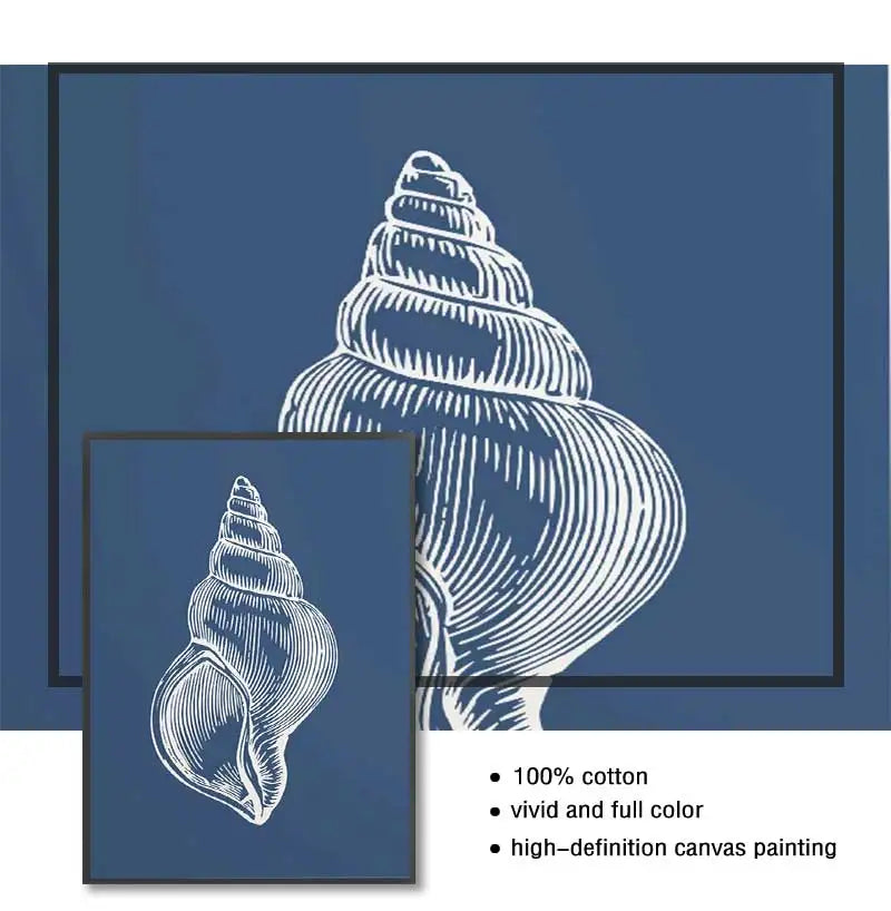 Coastal Blue Beach Antique Shell Sketch Poster, Starfish Jellyfish Conch Oil Painting Print, Wall Art for Kids Room Home Decor Peaceful Pleasures Health and Wellness