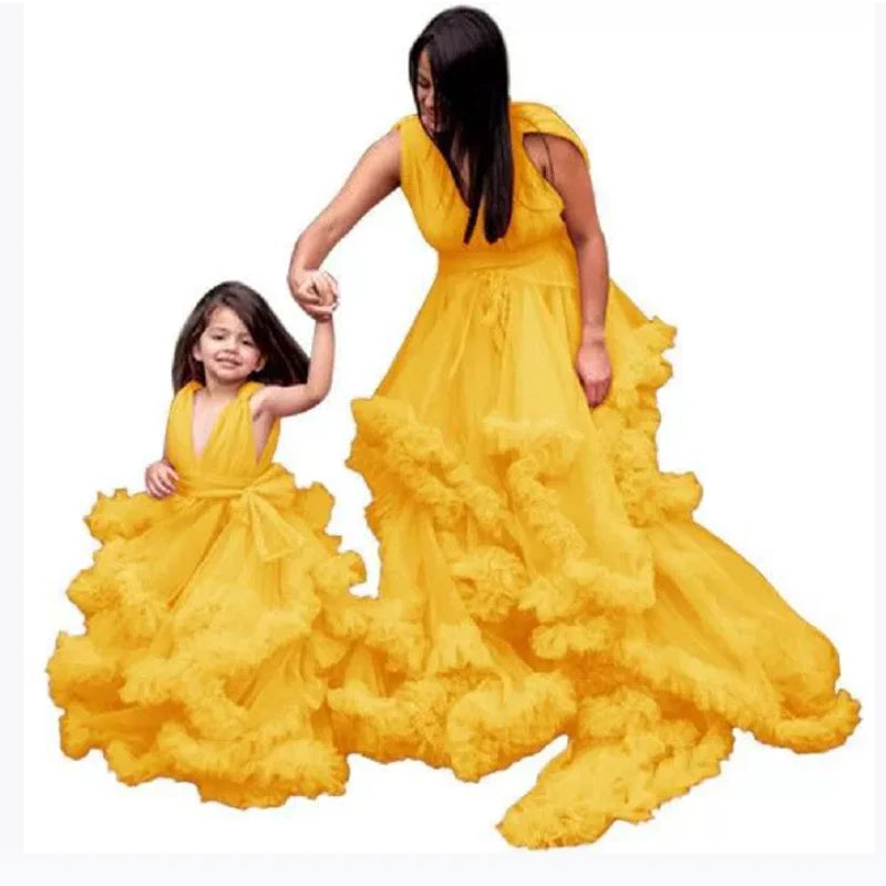 Puffy Pink Mother And Daughter Matching Dresses For Family Look V Neck Ruffles Layered Photo Shoot Mom And Me Evening Outfits Peaceful Pleasures Health and Wellness Lemon yellow Kid-8T