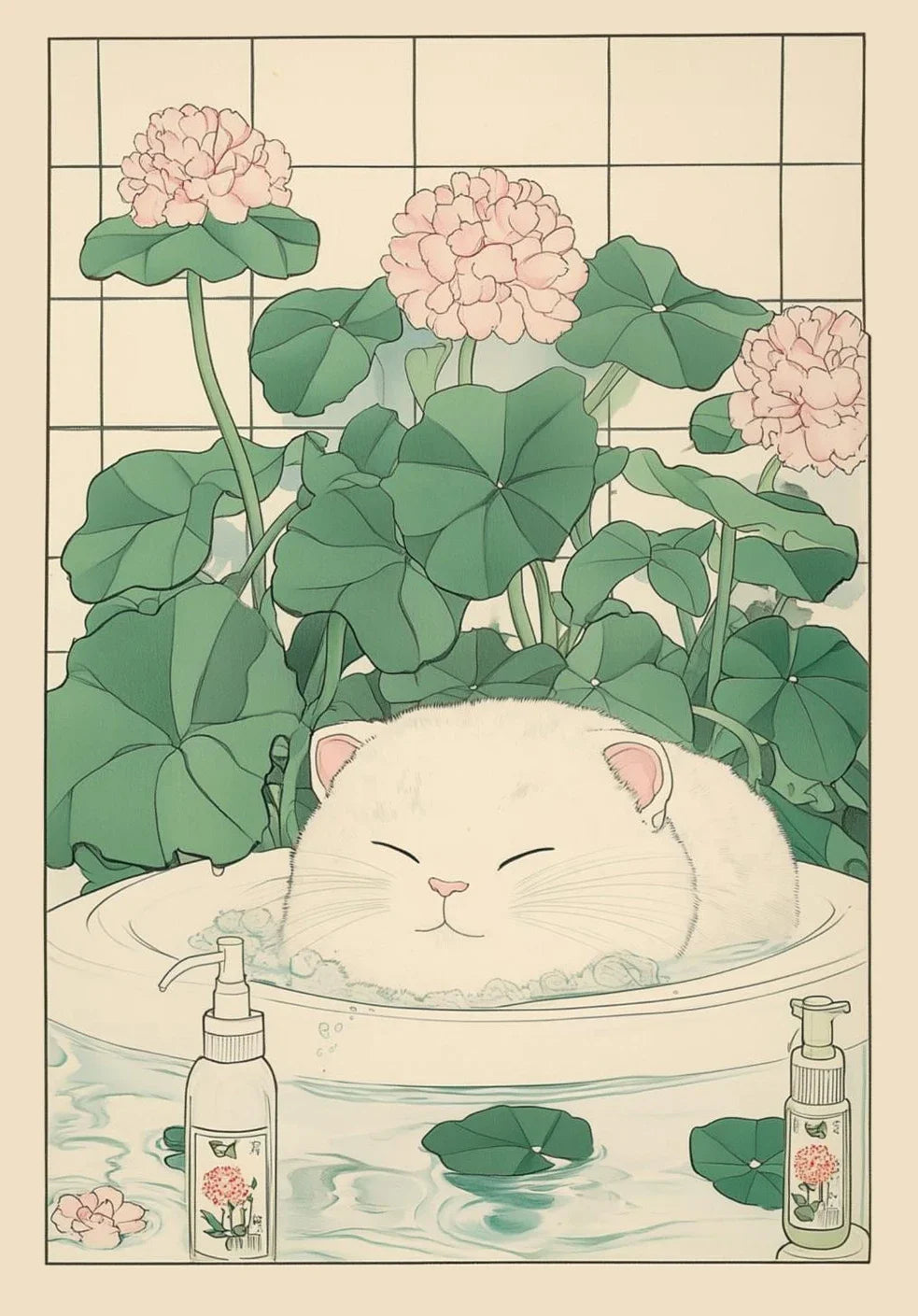 Funny Tabby Cat Bathtub Canvas Print | Japanese Bathroom Wall Art