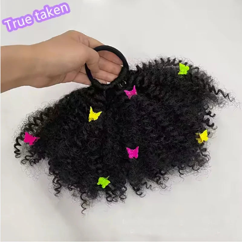 2pcs/ Luxury Kids Hair Buns Kids Afro Puff Soft Like Natural Human Hair Hand Feel Marley Kinky Bulk for Hair Girl with Elastic Peaceful Pleasures Health and Wellness with Butterfly