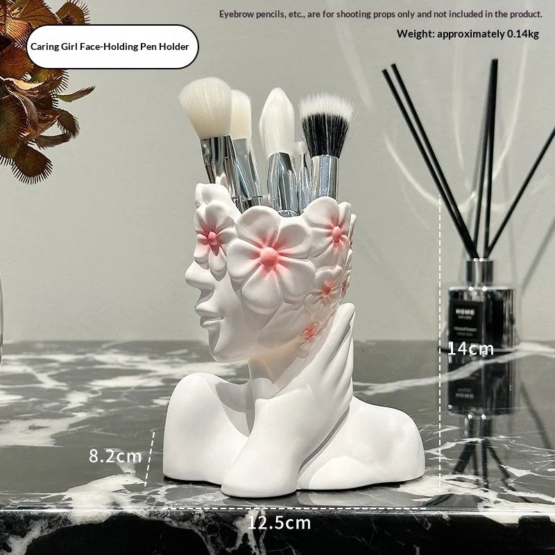 Nordic Style Face Holding Girl Makeup Brush Storage Cylinder Fashion Dresser Storage Tank Eyebrow Brush Eyeliner Pen Storage Box Peaceful Pleasures Health and Wellness B