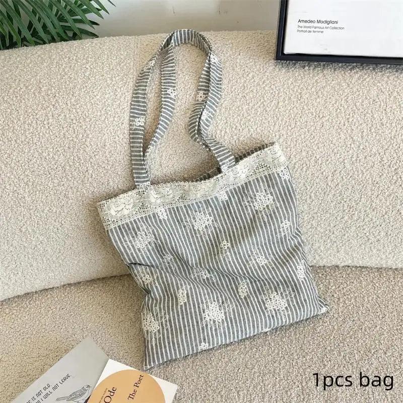 Lace Trim Polyester Tote Shoulder Bag | Foldable Travel Handbag