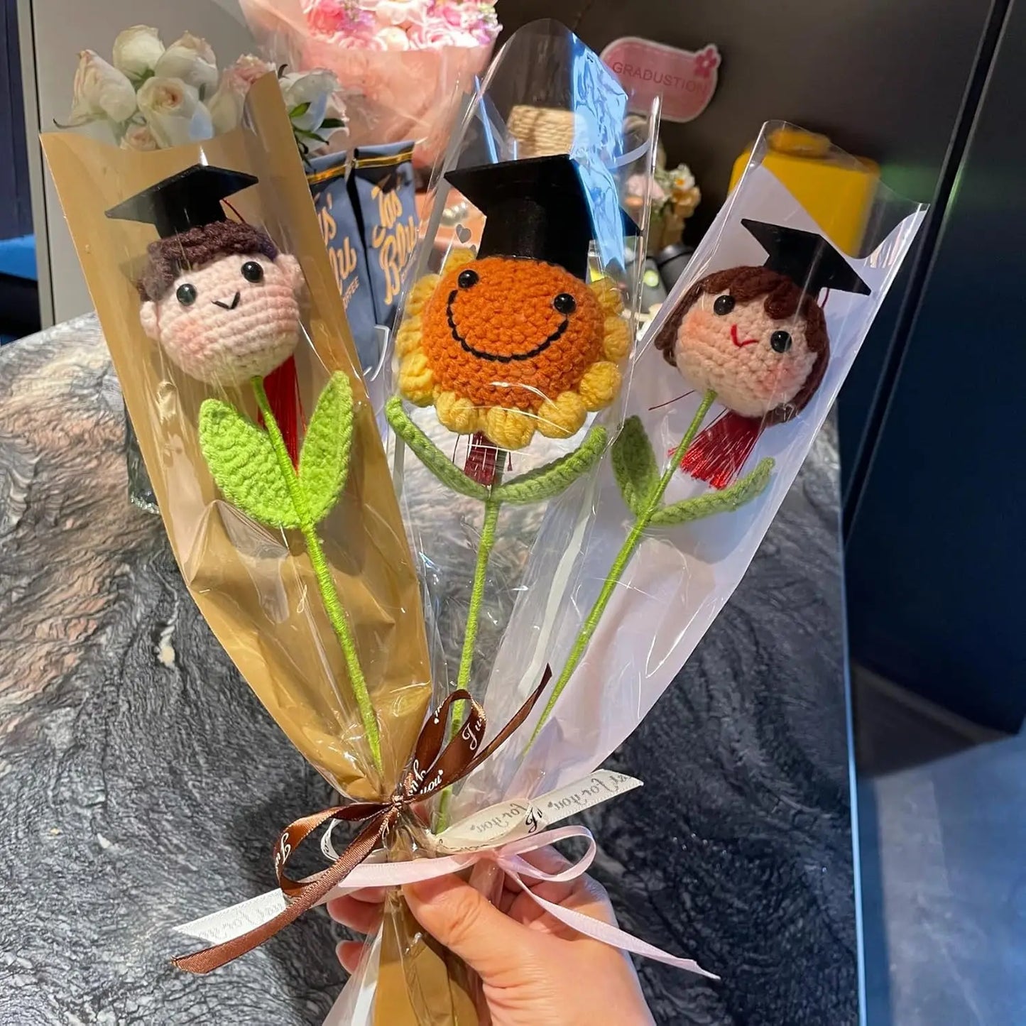 Graduation Crochet Bouquet with Cap | Handmade Knitted Flowers