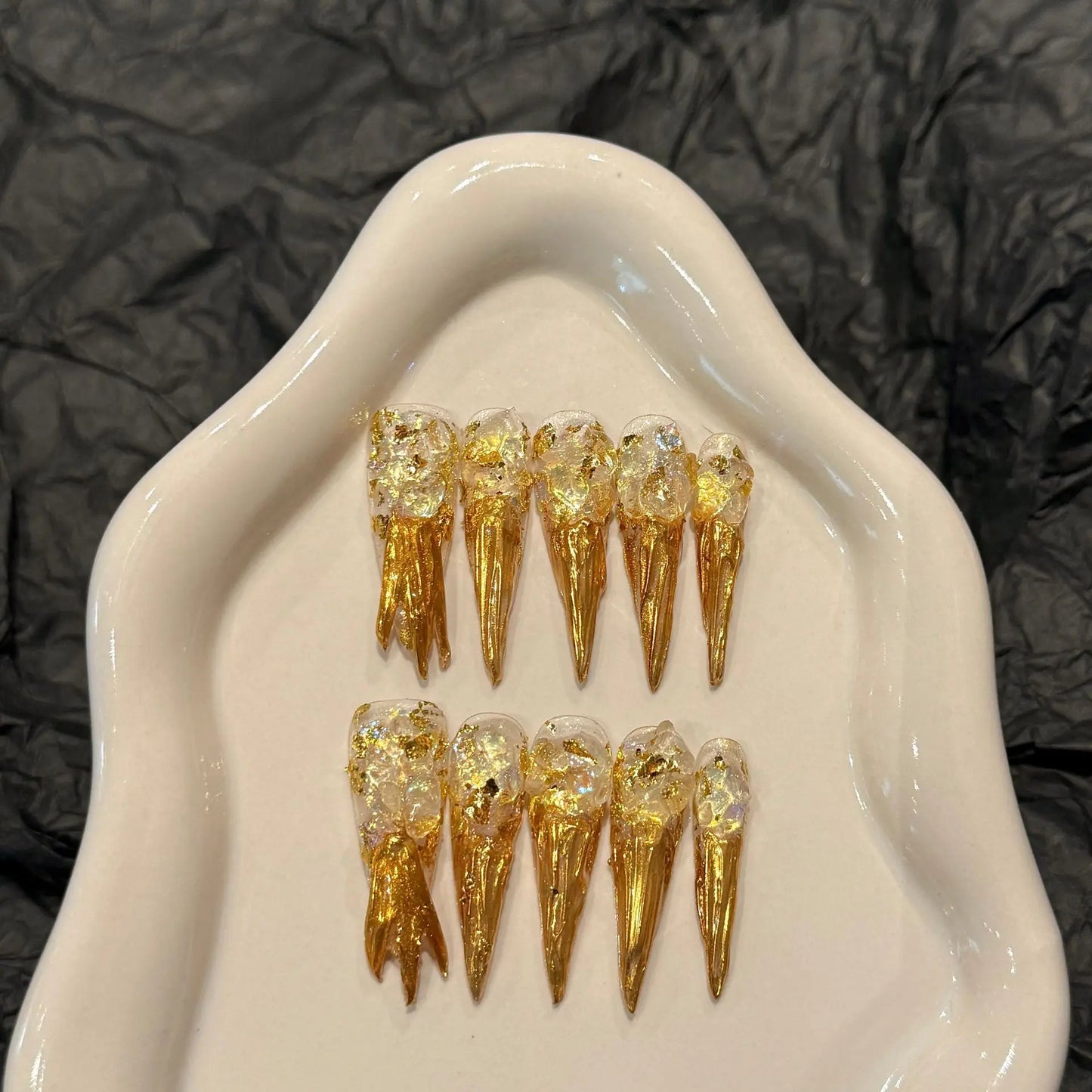 Handmade Gold Foil Rhinestone Press-On Nails | Long Stiletto