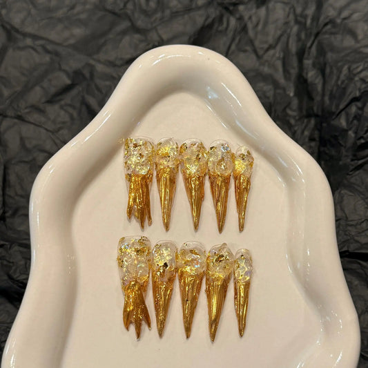 Handmade Gold Foil Rhinestone Press-On Nails | Long Stiletto Press-On Nail Set Peaceful Pleasures Health and Wellness M 1