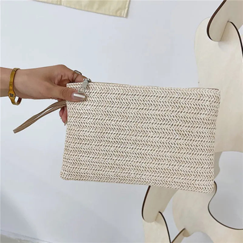 Clutch Bag for Women Handmade Backpack Fashion Ladies Wristlet Girl Phone Solid Straw Woven Coin Purse Beach Wallet Fresh Sweet Peaceful Pleasures Health and Wellness
