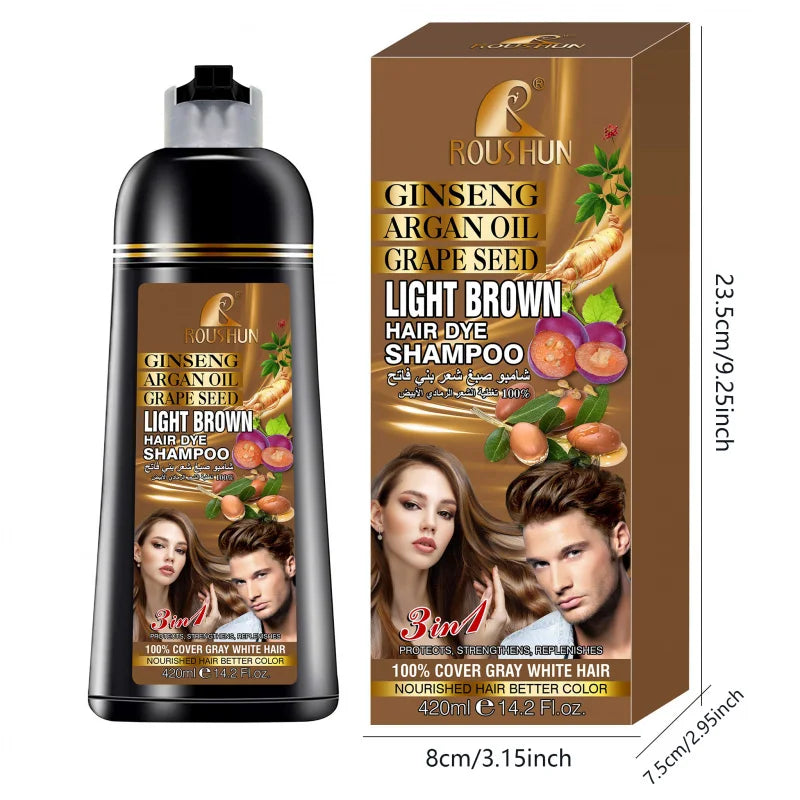 420ml ROUSHUN Light Brown Hair Shampoo Hair dye Ginseng Ginger Hair Dye Nourishing Care Hair Coloring Shampoo3Combination1 Peaceful Pleasures Health and Wellness