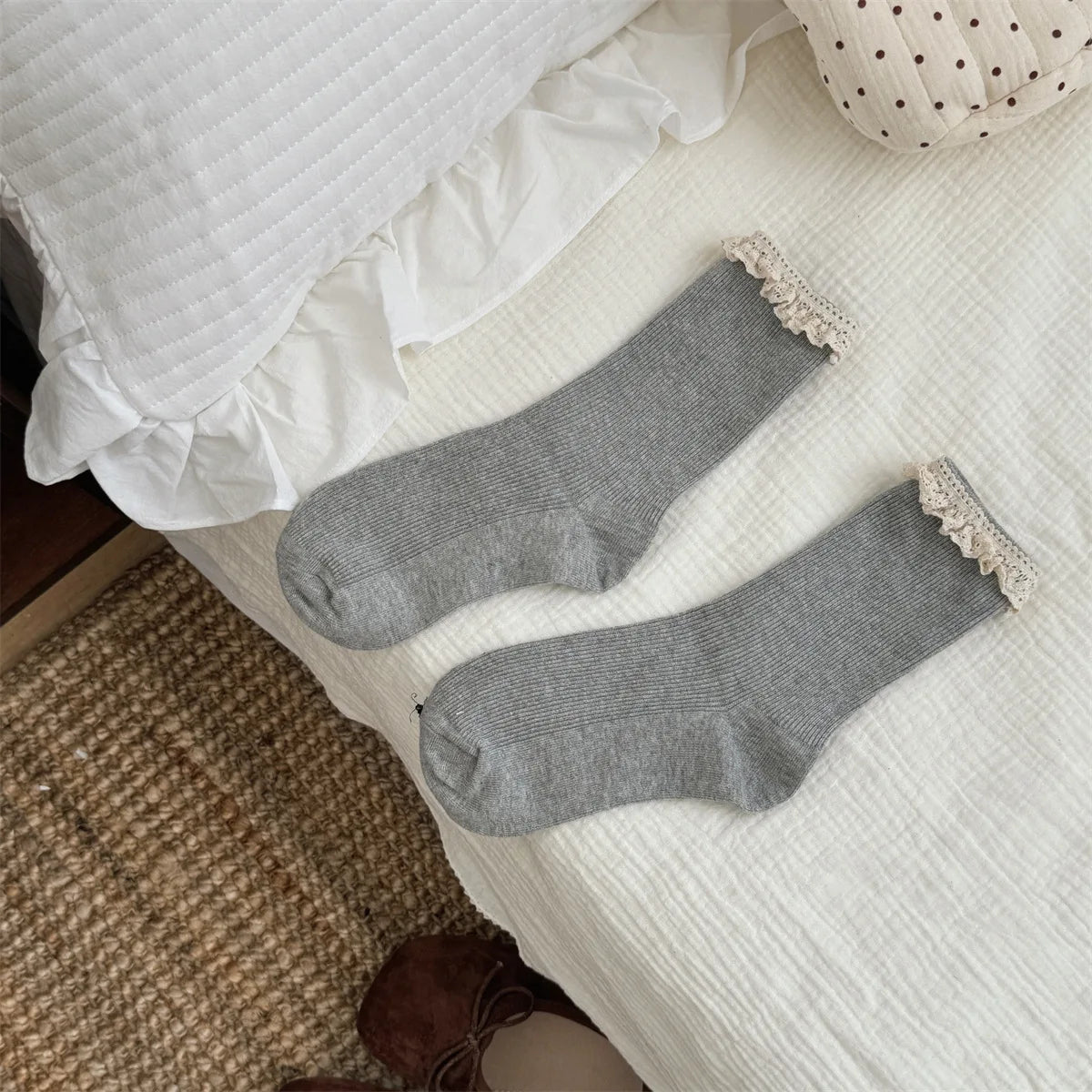Korean Style Socks Sweet Lace Mid Calf Socks Ballet Style Girls Double Needle Slouch Socks for Women Daily Casual Fashion Wear Peaceful Pleasures Health and Wellness F One Size