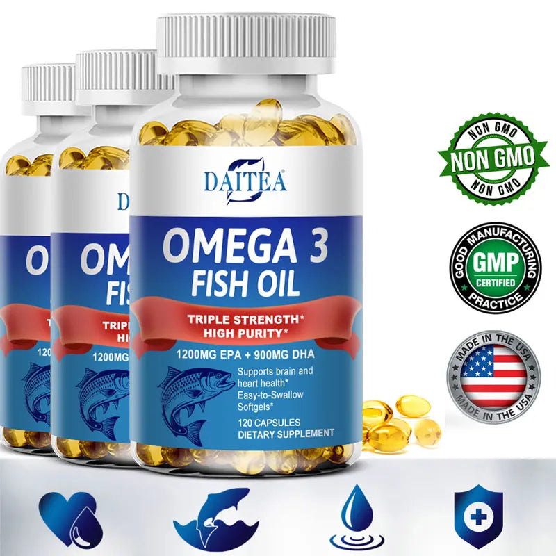 Daitea Triple Strength Omega 3 Fish Oil - Fish Oil Supplement with EPA & DHA Fatty Acids Premium Wild Caught, 30/60/120 Capsules Peaceful Pleasures Health and Wellness