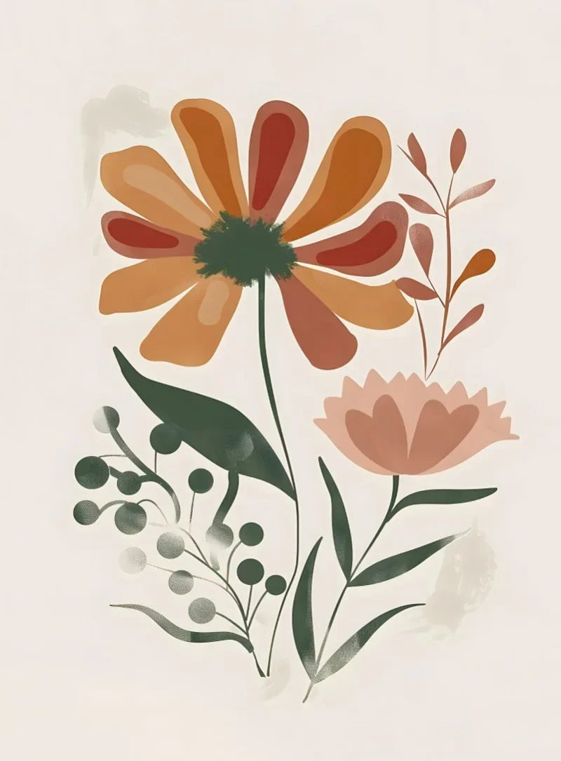 Bohemian Minimalist Floral Canvas Wall Art | Retro Poster Print