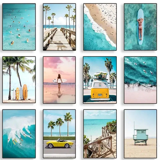 Tropical Summer Beach Sea Ocean Surfing Palm Tree Wall Art Posters Minimalist Canvas Painting for Living Room Modern Home Decor Peaceful Pleasures Health and Wellness