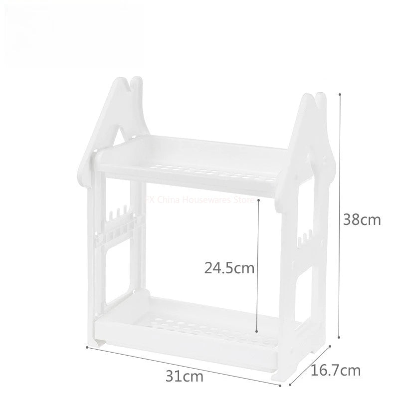 Small House Style 2/3 Layer Kitchen Spice Rack Organizer Plastic Condiment Bottle Shelf for Counter/Bathroom/Desktop Peaceful Pleasures Health and Wellness 2 Tiers White
