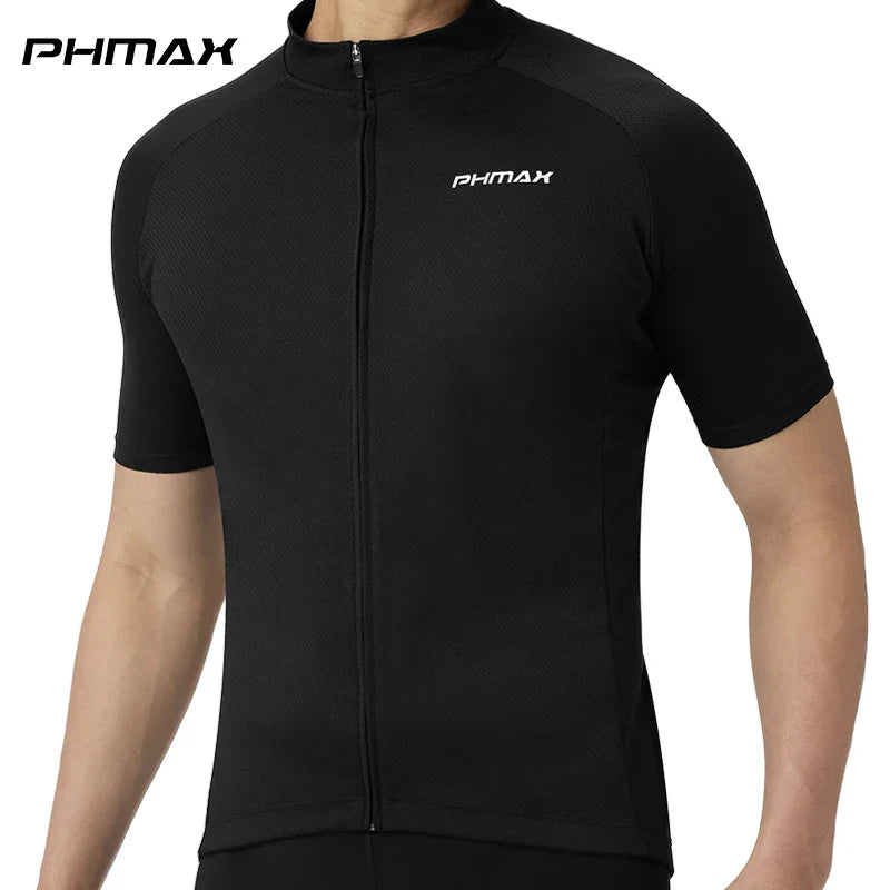 PHMAX Men's Black Cycling Jersey – Short Sleeve, UV Protection