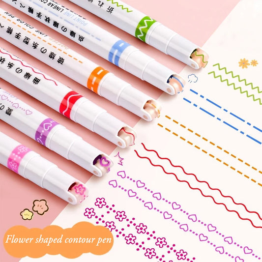 6Pcs/Set Flower Line Shape Highlighter Pen Roller Tip Curve Liner Marker Quick Dry Mark Notes Stationery School Office Supplies Peaceful Pleasures Health and Wellness