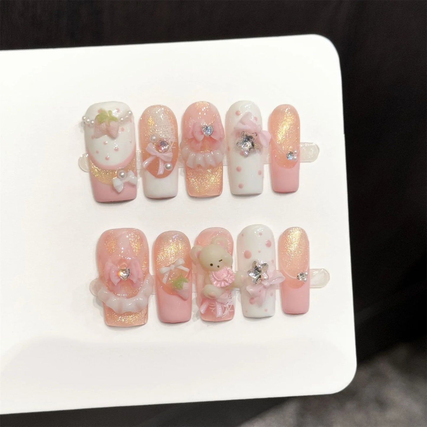 Handmade Press On Nails Pink Gold Cat Eye Bear Strawberry 10pcs
