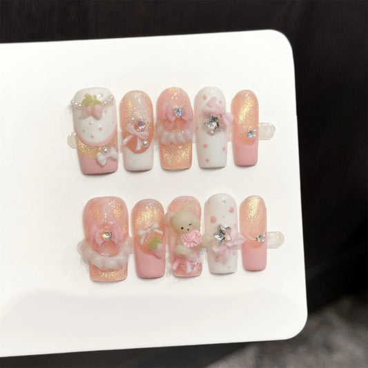 Handmade Press On Nails Pink Gold Cat Eye Bear Strawberry 10pcs Press-On Nails Peaceful Pleasures Health and Wellness L