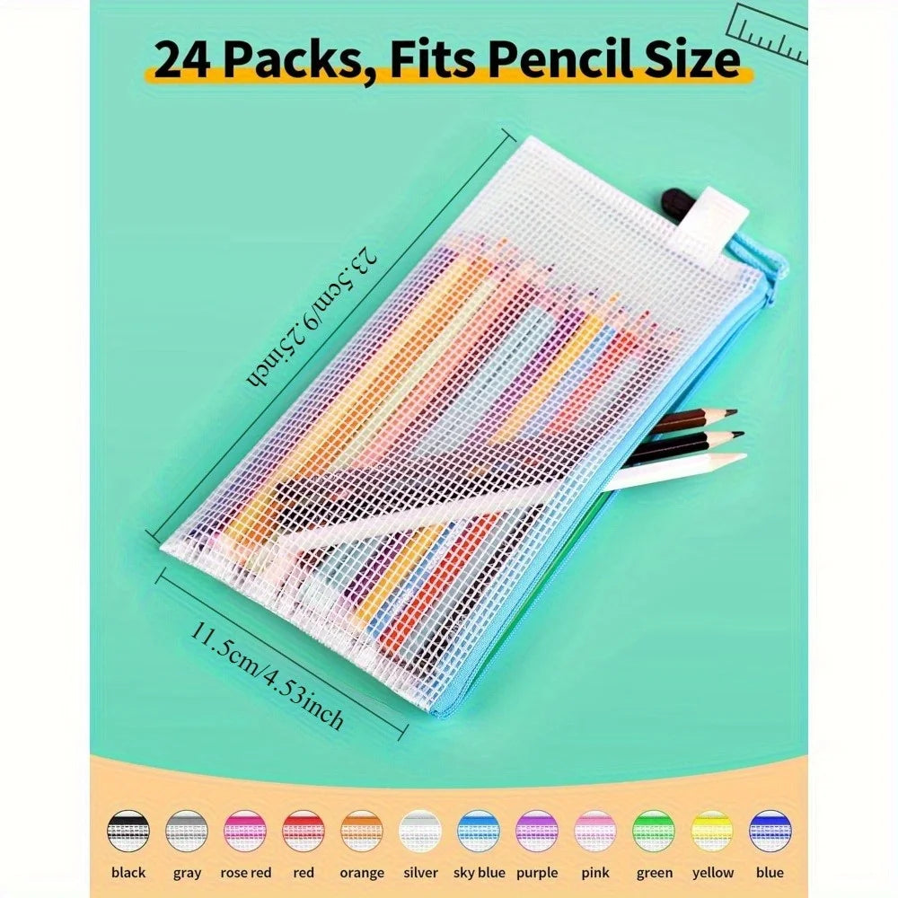 24-Pack Mesh Zipper Pencil Pouches – 12 Colors, Bulk Travel Set