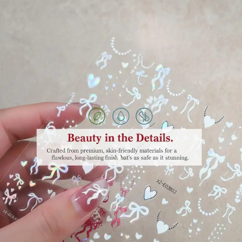Aurora French Ribbon Heart Nail Stickers Pearl Love Chain Adhesive Nail Decals Valentine's Day Bows Manicure Sticker Peaceful Pleasures Health and Wellness