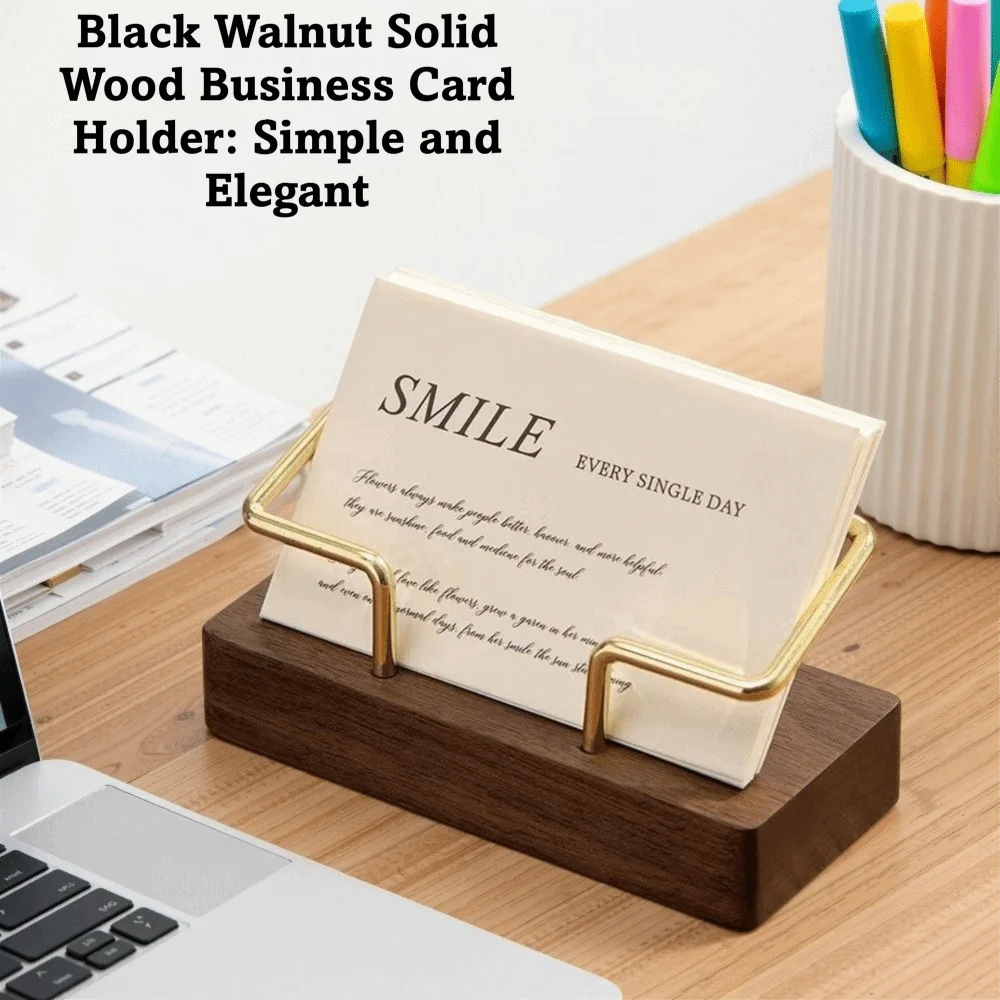 Tabletop Shelf Business Card Holder Walnut Wood Beech Wood Cards Display Stand Card Storage Metal Wooden Card Holder Manager Peaceful Pleasures Health and Wellness