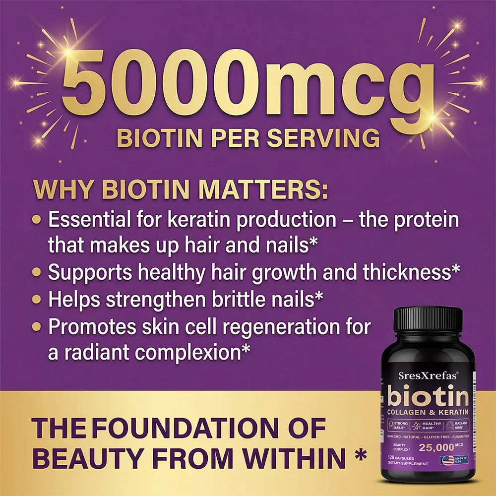 Biotin 25000mcg Collagen & Keratin | Hair Skin Nails – 120 Caps