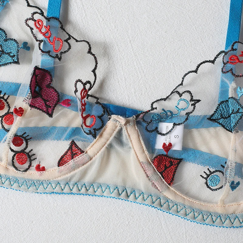 Women's Lip Print 3-Piece Lingerie Suspender Set | Cute Style