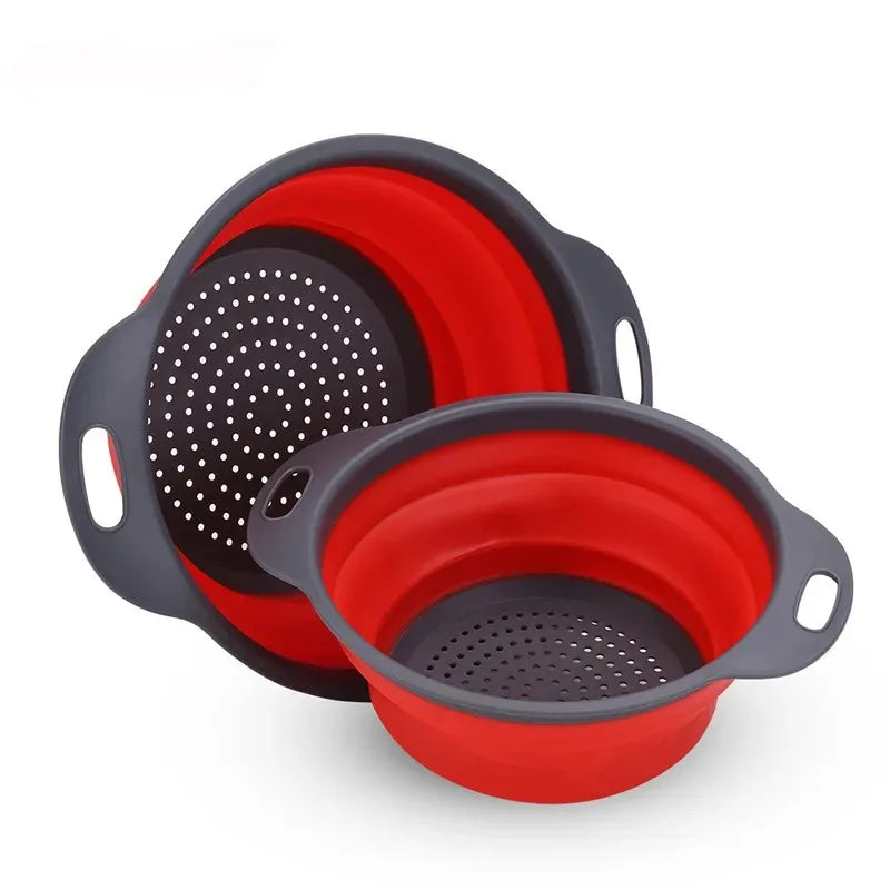 Silicone vegetable and fruit cleaning and drainage basket cleaning basket Folding water filter net Kitchen Gadgets Peaceful Pleasures Health and Wellness Red L