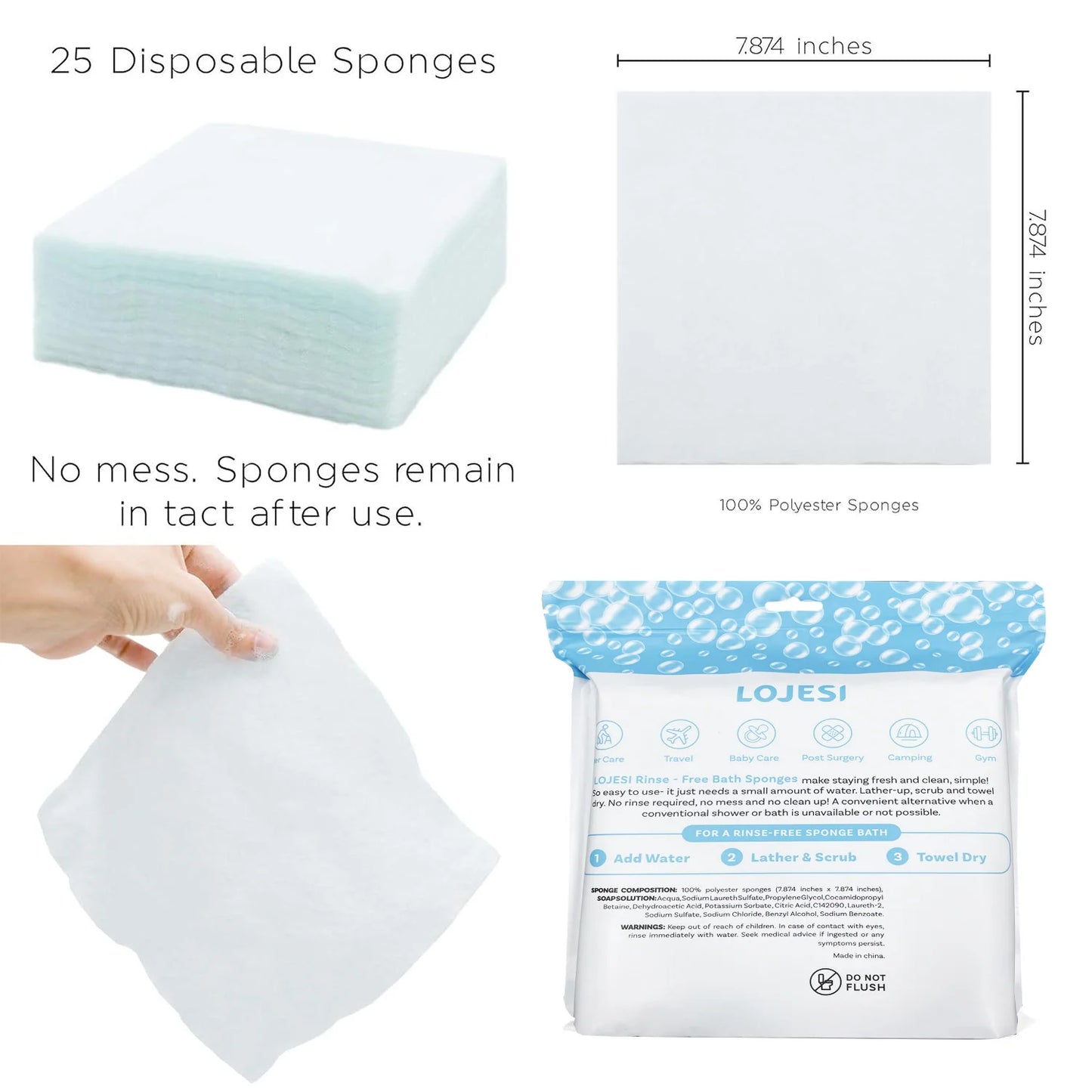 25-Pack No-Rinse Disposable Bath Wipes for Adults – Soap Infused