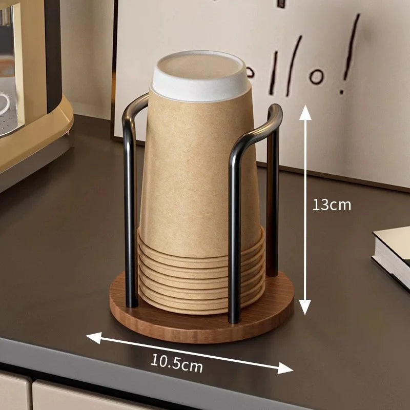 Coffee Cup Dispenser Rack Wood Base & Lid Organizer