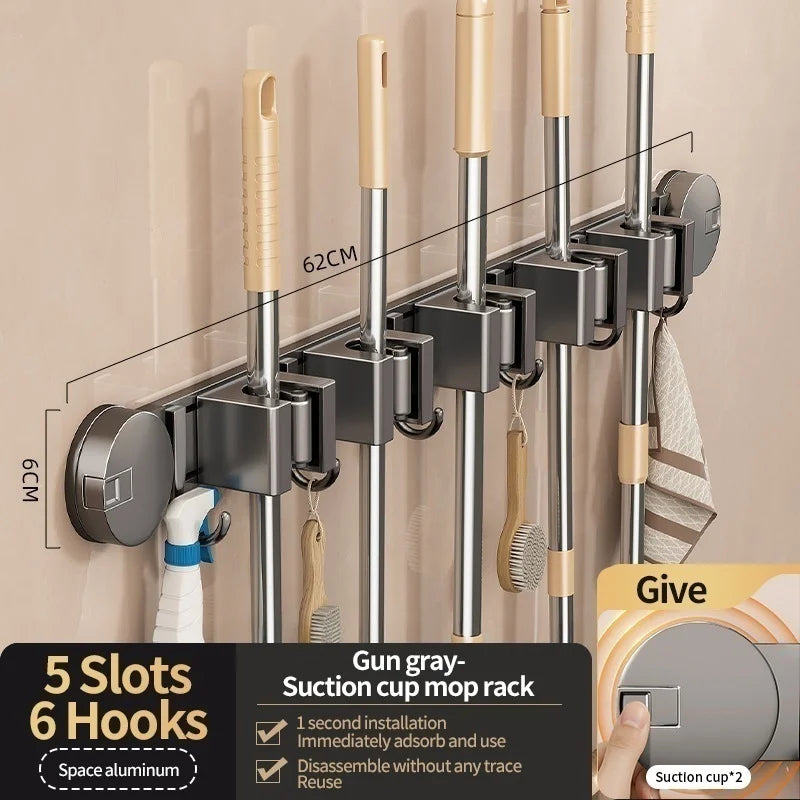 No-Drill Suction Cup Mop Rack Wall-Mounted Holder with 6 Hooks
