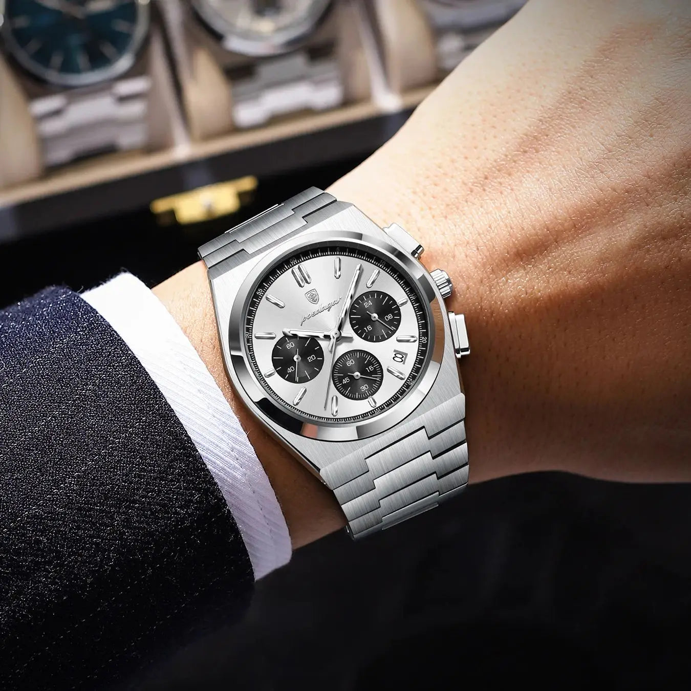 POEDAGAR Top Business Men's Watch Chronograph Date Stainless Steel Classic Man Clock Waterproof Luminous Quartz Watches For Men Peaceful Pleasures Health and Wellness