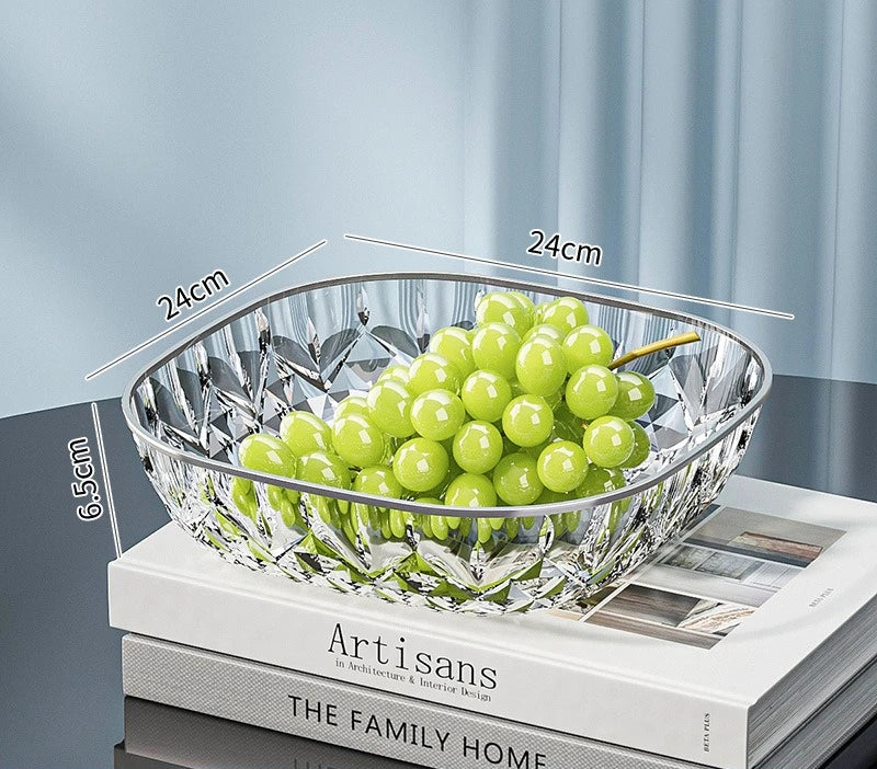 New Household Fruit Bowl Salad Dessert Biscuit Plate Plastic Square Transparent Tray Golden Edge Snack Plates Tableware Peaceful Pleasures Health and Wellness Silver Transparent