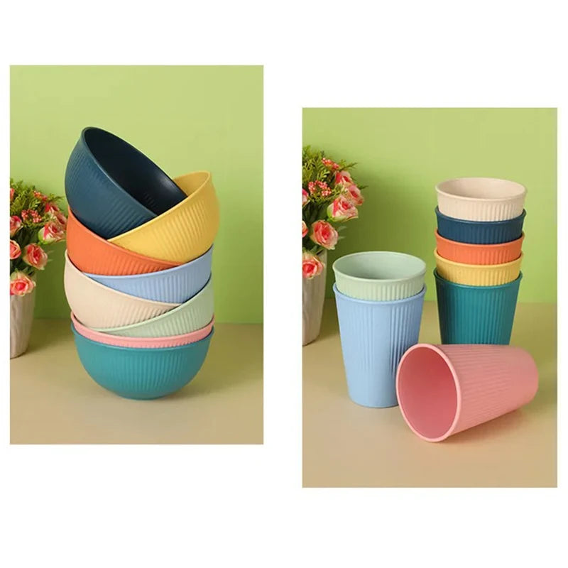 4pcs Wheat Straw Dinnerware Set Eco-friendly Safety Plates Cups Bowels Home Party Tableware Set Outdoor Camp Candy Colour Gift Peaceful Pleasures Health and Wellness