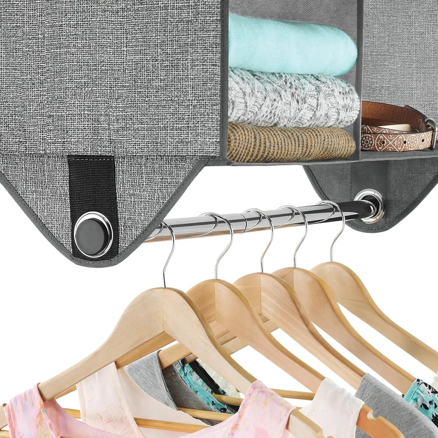4-Section Fabric Closet Organizer with Chrome Rod for Hanging and Folded Garments Peaceful Pleasures Health and Wellness