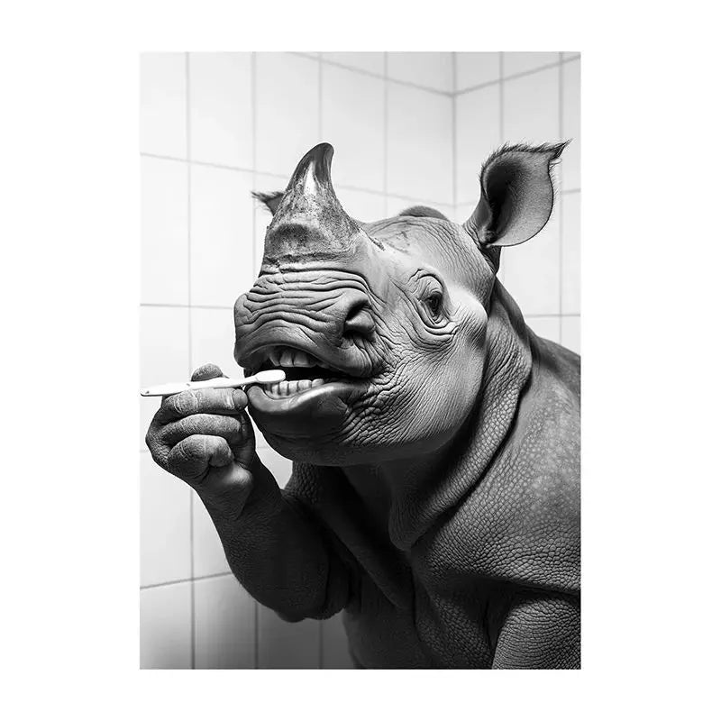 Funny Bathroom Animal Canvas Wall Art | Vintage Brushing Teeth