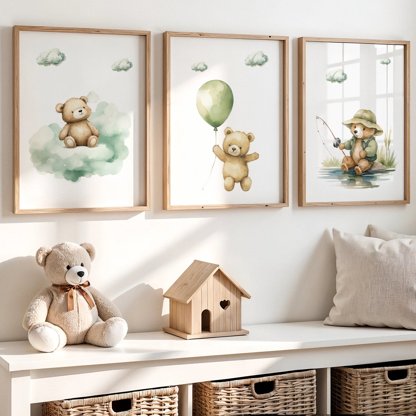 Cartoon Bear Green Clouds Canvas Wall Art Print | Kids Room