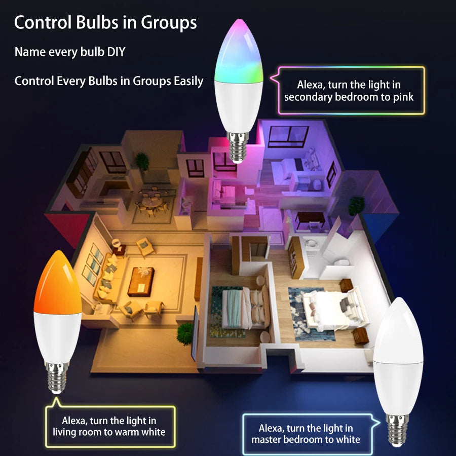 220V 5W 7W 9W Tuya WiFi Smart Bulb E14 candle Light Dimmable RGB Lamp Smart Life APP Alexa Google Assistant Home Voice Control Peaceful Pleasures Health and Wellness