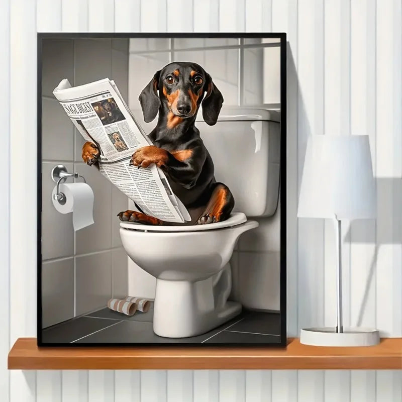 Canvas Print Wall Art for Pet Lovers,for Home Decor Bedroom,Kitchen,Living Room,Bathroom, Hotel 1pc Playful Dachshund on Toilet Peaceful Pleasures Health and Wellness