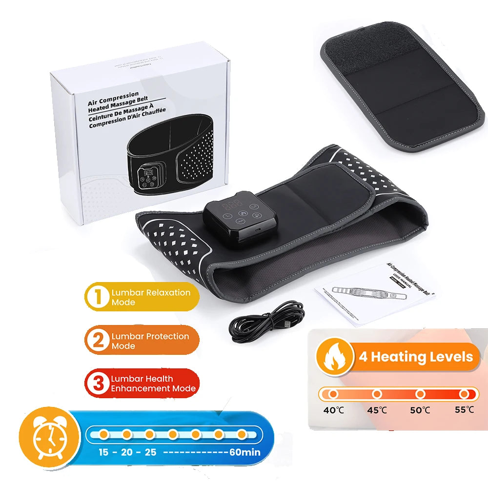 120cm Air Bladder Squeeze Waist Massager Vibration Airbag Heating Pad Release Lumbar Pressure Spinal Brace Support Belt Type-C Peaceful Pleasures Health and Wellness 4 Heat 3 Vibration